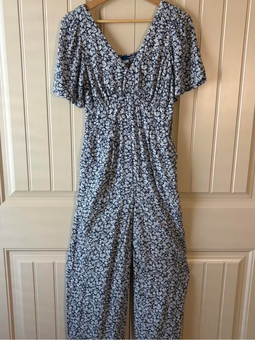 Old Navy Blue and White Floral Short Sleeve Jumpsuit